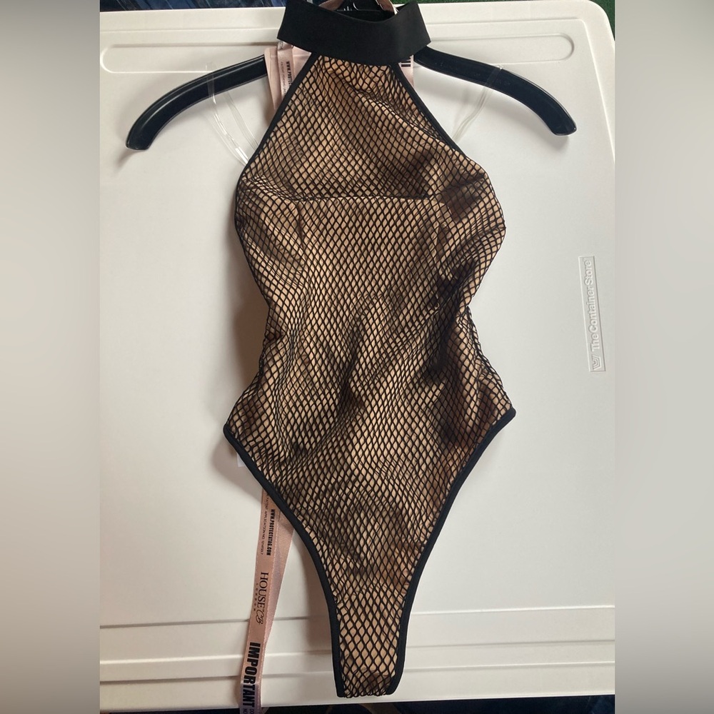 BNWT House of CB Black Mesh Nude Illusion Bodysuit, XS